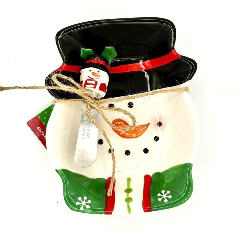 New Sleigh Bell Bistro Ceramic Christmas Snowman Dish With Spreader 2014
